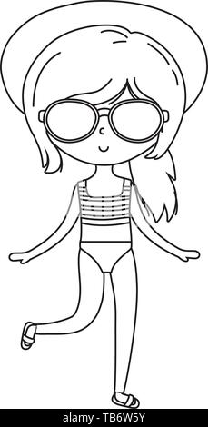 Happy girl enfant avec maillot de bain et lunettes de l'été et cartoon vector illustration voyage design modifiable en noir et blanc Illustration de Vecteur