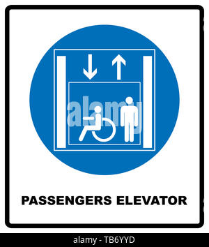 Ascenseur pour passagers à mobilité signe. Ascenseur. icône illustration isolé sur fond blanc. Symbole obligatoire bleu. Avis d'ouverture. Pict simple blanc Banque D'Images