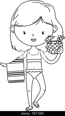 Happy girl enfant avec maillot de bain et une caricature de pina colada et de l'été illustration vectorielle voyage design modifiable en noir et blanc Illustration de Vecteur