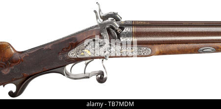 Une chambre de luxe double fusil à percussion, G. et F. Spicker, vers 1850, le canons Damas en 17.5 mm calibre, les alésages légèrement rugueux. Le bloc des brevets et tang gravé avec vrilles décoratives et des incrustations en or les animaux. Le canon rib estampillé 'DAM:BERNARD.'''une percussion décorés de scènes de chasse ciselés avec verrous de jeu et hounds, également incrusté au 19ème siècle, Additional-Rights Clearance-Info-Not-Available- Banque D'Images