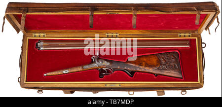 Une chambre de luxe double fusil à percussion, G. et F. Spicker, vers 1850, le canons Damas en 17.5 mm calibre, les alésages légèrement rugueux. Le bloc des brevets et tang gravé avec vrilles décoratives et des incrustations en or les animaux. Le canon rib estampillé 'DAM:BERNARD.'''une percussion décorés de scènes de chasse ciselés avec verrous de jeu et du 19e siècle, Additional-Rights Clearance-Info-Not-Available- Banque D'Images