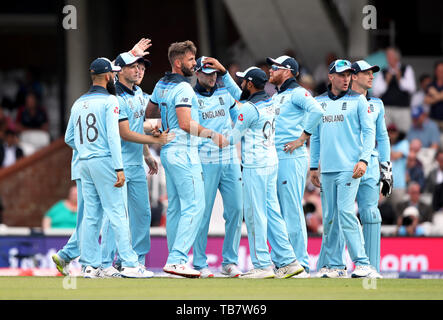 Joe l'Angleterre (Racine) célèbre centre de l'Afrique du Sud en rattrapage Quinton de Kock (pas sur la photo) avec ses coéquipiers au cours de l'ICC Cricket World Cup phase groupe match à l'ovale, Londres. Banque D'Images