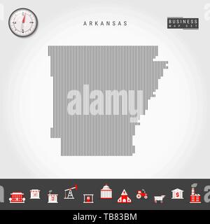 Lignes verticales Vector Pattern Map de l'Arkansas. Silhouette Simple rayée de l'Arkansas. Boussole réaliste. L'infographie d'icônes. Illustration de Vecteur