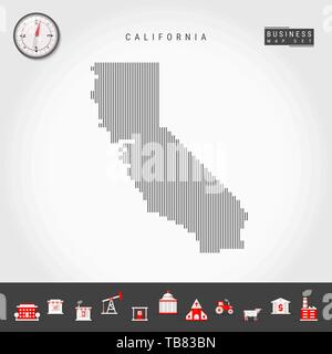 Lignes verticales Vector Pattern Map de Californie. Silhouette Simple rayée de la Californie. Boussole réaliste. L'infographie d'icônes. Illustration de Vecteur