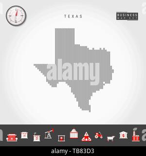 Lignes verticales Vector Pattern Map du Texas. Silhouette Simple rayée du Texas. Boussole réaliste. L'infographie d'icônes. Illustration de Vecteur