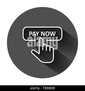 Payer maintenant l'icône dans le style plat. Doigt curseur vector illustration sur fond noir avec l'ombre. Cliquez sur le bouton concept d'entreprise. Illustration de Vecteur