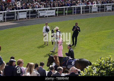 Epsom Downs, Surrey, UK. 31 mai, 2019. L'Oaks chevaux, les propriétaires, entraîneurs et cavaliers monter dans le ring parade avant l'Investec Oaks lors de Derby Festival - Mesdames Jour, course de chevaux classique. Comme Francesca Cumani donne aux téléspectateurs une course vers le bas sur leur forme Crédit : Motofoto/Alamy Live News Banque D'Images