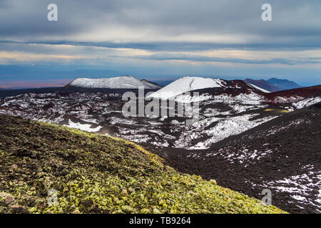 Paysage volcanique sur la péninsule du Kamchatka dans l'extrême est de la Russie. Mousse verte sur roche volcanique noire, volcans enneigés en arrière-plan. Banque D'Images