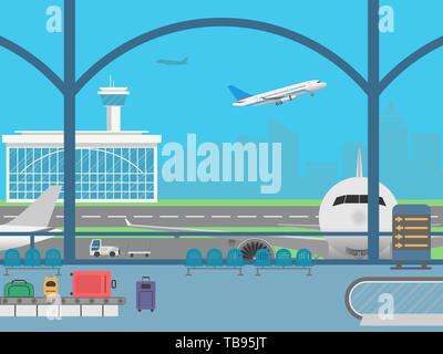 Terminal de l'aéroport. Salle d'attente. Champ avec des avions et flying airplane Illustration de Vecteur