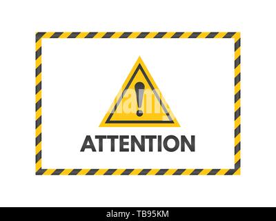 Attention signer avec des rubans jaunes et noirs. Exclamation isolé sur fond blanc. Attention bannière. Triangle jaune sur fond blanc. Illustration de Vecteur