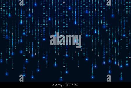 Contexte binaire. Concept de matrice. La baisse des chiffres sur fond sombre. L'exécution de numéros lumineux avec les lumières. Résumé code binaire. Blue futuristic technolo Illustration de Vecteur