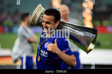 Chelsea's Pedro pose avec le trophée après la finale de l'UEFA Europa League au Stade Olympique, Baku, Azerbaïdjan. ASSOCIATION DE PRESSE Photo. Photo date : mercredi 29 mai 2019. Voir l'ACTIVITÉ DE SOCCER Europa. Crédit photo doit se lire : Bradley Collyer/PA Wire Banque D'Images