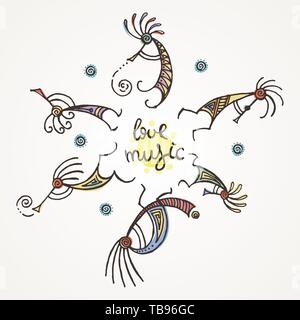 Aime la musique. Hand drawn Kokopelli cercle. Personnages mythiques stylisés jouant des flûtes. Art vectoriel pour l'impression. design, cartes, les enfants et un livre à colorier Illustration de Vecteur