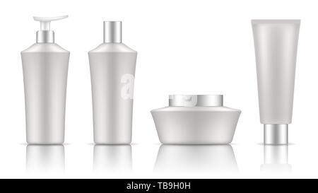 Ensemble de tubes modèle pour les cosmétiques, crème ou onguent médical. Vecteur réaliste immersive isolé sur fond blanc. Plastique transparent et verre dépoli. Illustration de Vecteur