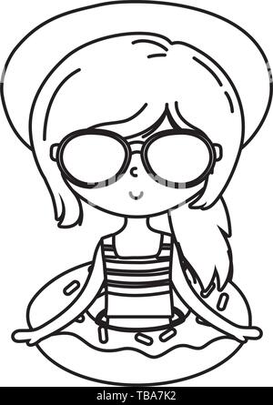 Happy girl enfant avec maillot de bain et lunettes de flottement et d'été et voyage cartoon vector illustration design modifiable en noir et blanc Illustration de Vecteur