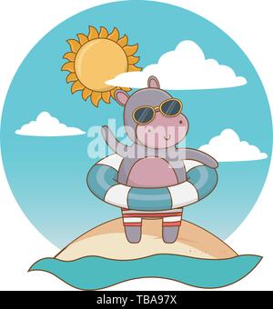 De l'été vacances détente moment heureux mignon petit hippopotame animaux portant des lunettes de soleil et à l'aide de la scène de plage à sable sur sol en face mer cartoon vector illustration graphic design. Illustration de Vecteur