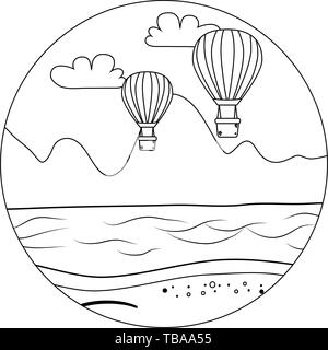 Plage avec deux balloonss à air chaud de l'été et cartoon vector illustration voyage design modifiable en noir et blanc Illustration de Vecteur