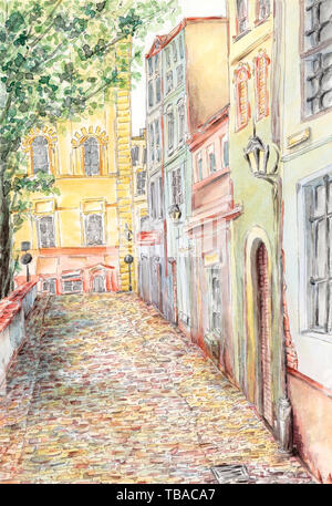 Rue ancienne. Crayon et aquarelle sur papier. Banque D'Images