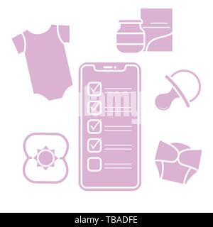Vector illustration avec le smartphone à l'aide de bébé, accessoires. Body, aliments pour bébé, couches, peut-mamelon, bat. Les achats en ligne. Illustration de Vecteur