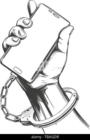 Des menottes à la main, smartphone social media la dépendance, l'icône de la technologie numérique hand drawn vector illustration croquis Illustration de Vecteur