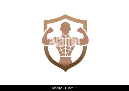 Bodybuilder créative Bouclier sport Logo Design Illustration vecteur symbole Illustration de Vecteur