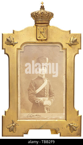 Un don ne¨EugÃ cadre Napoléon Louis Bonaparte (1856 - 1879) "Napoléon IV" Portrait photographique dans l'uniforme d'un officier de la Royal Horse Artillery, avec signature à l'encre. Les coins de l'armature en laiton avec Bonaparte appliquée partiellement endommagé quelque peu (les abeilles), le haut avec fixation par vis monogramme couronné 'N'. Dimensions 17 x 28 cm. À la suite de la défaite dans la guerre franco-allemande, le Prince L. Bonaparte ont dû s'exiler en Angleterre et se porte volontaire comme officier dans l'armée anglaise, en servant la guerre zoulou en Afrique du Sud. Bien que, Additional-Rights Clearance-Info-patro-Not-Available Banque D'Images