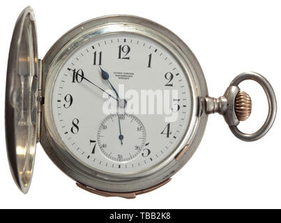 Hermann Göring - présentation d'une montre de poche de Carin Göring, 1924 montre en argent avec hunter cas de l'atelier de Gustav Schulze, horloger de la cour à Munich. Mouvement de haute qualité, montés avec rubis, avec indication de l'heure d'un répéteur. À l'avant une représentation finement gravée de St.George, l'une de Saint Hubert à l'arrière, chacune entourée par une inscription en latin, la présentation inscription autour de la St.Hubertus scene : "Pour mon bien-aimé, Hermann Waidmannsheil (Hunter's greeting) toujours à partir de son Carin, Innsbruck 12 janvier 1924'. Mark de finesse pour l'argent. Diamètre 60 mm. E, Editorial-Use-seulement Banque D'Images