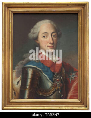 Électeur Maximilien III Joseph (1727 - 1777) - un portrait d'après la peinture de l'artiste peintre à la cour de Munich George Desmarées (1697 - 1776), l'inscription à l'armor et de l'hermine, avec Golden Fleece Commander sertis de diamants ainsi que chambre de chevalier de la Ordre de Saint George. Huile sur toile, doublé, dans un cadre doré de date antérieure, les dimensions de l'image 72,5 x 53,5 cm. Bon, peut-être la qualité de l'atelier de George Desmarées. Max III était le fils de l'Empereur Charles VII, il s'est concentré sur la modernisation, le progrès économique et artistique de l'artiste , en Bavière n'a pas d'auteur pour être effacé Banque D'Images