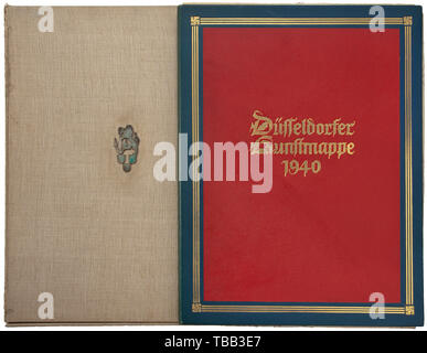 Friedrich-Karl Florian - une copie personnelle de la Düsseldorf 1940 dossier de l'art version Deluxe en cuir rouge et bleu avec de l'or à gaufrer/Kunstmappe 'Düsseldorfer lecture 1940" et des croix gammées dans les coins. 20 impressions d'artistes de Düsseldorf par enveloppé dans le parchemin avec dévouement (tr.) "à l'ardent protecteur des arts de Düsseldorf, notre très révéré Gauleiter Friedrich Karl Florian au nom de tous les artistes participant à ce dossier, étant donné en appréciation : Fred Kocks - Düsseldorf, en décembre de l'année 1940 la guerre'. 35 x 45 cm. Complet avec boîtier (slightl Editorial-Use, seule Banque D'Images