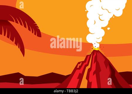 Vector illustration. Paysage Vulcan dans les tons rouges avec palmier et les montagnes. Illustration de Vecteur