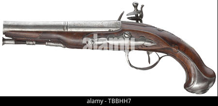 Une paire de pistolets de voyage à silex, St Etienne, vers 1780 un peu débordé, ronde lisse de barils en 14 mm, chacune avec une marque de saint Etienne sur le côté de la culasse. Flintlocks lisse avec des plaques de fixation. Noyer sculpté avec des meubles et des stocks de fer vacant, argent écussons. Remplacé ramrods avec fer conseils. Longueur 28 cm., historique, historique, poing poing civile civile, poche, pistolet, fusil, arme à feu, arme à feu, d'armes à feu, armes à feu, armes, armes, arme, Additional-Rights Clearance-Info-bras,-Not-Available Banque D'Images