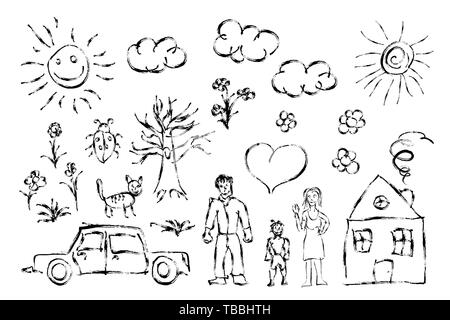 L'enfant mignon des objets tracés à main levée comme de la famille, fleurs, maison, l'herbe, arbre, soleil et cat isolated on white Illustration de Vecteur
