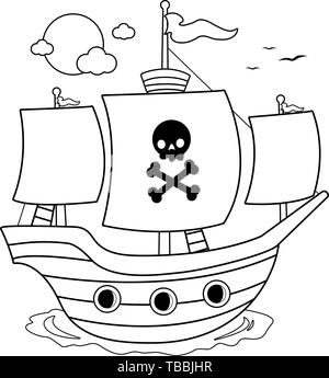 Bateau pirate avec des voiles blanches et drapeau pirate naviguant à la mer. Fond d'aventure océanique nautique. Bateau pirate flottant sur l'eau de l'océan. Illustration de Vecteur