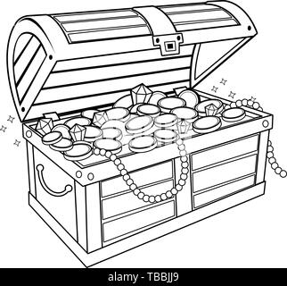 Coffre au trésor rempli de trésor d'or, pièces d'or, diamants, perles et bijoux. Un coffre en bois rempli d'un trésor d'or. Page de livre de coloriage Illustration de Vecteur