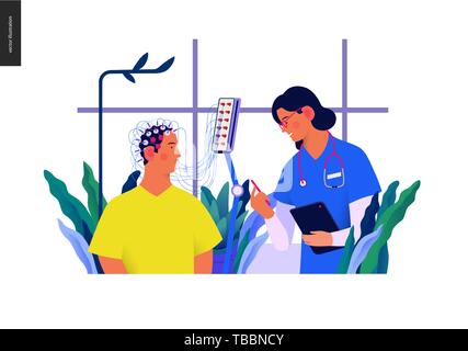 Des tests médicaux - Modèle - EEG électroencéphalographie - télévision moderne concept vector illustration numérique d'encéphalographie procédure - un patient avec Illustration de Vecteur