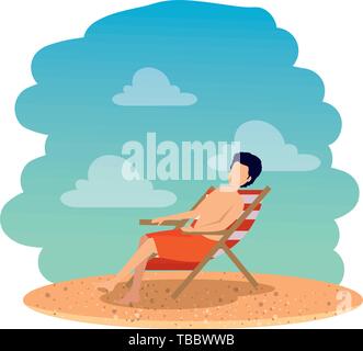 Jeune homme assis en maillot avec chaise sur la plage Illustration de Vecteur