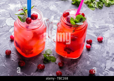 Deux pots de cocktail froid comme la glace limonade fait maison avec des canneberges, d'agrumes et de feuilles de menthe fraîche Banque D'Images