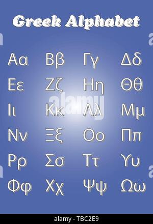 Alphabet grec vecteur avec les lettres majuscules et minuscules sur fond bleu - l'éducation scolaire concept Illustration de Vecteur