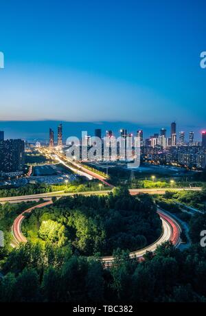 Nanjing Hexi Huile CDB Fang Bridge Coucher du Soleil Banque D'Images