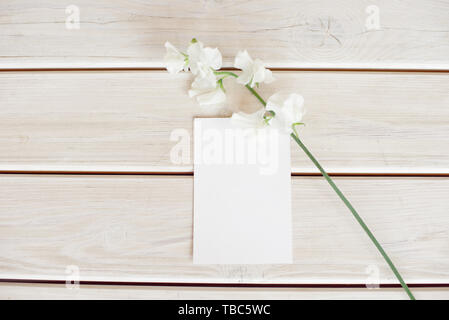 Invitation anniversaire de mariage certificat-cadeau pour un soin spa ou sur carte lettre décorée en bois blanc, une table avec une branche de fleurs blanches Banque D'Images