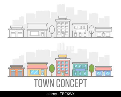 Ville projet d'appareil. Rue avec l'hôtel, garage, boutique et café. Design linéaire. Petite ville de style plat isolé sur fond blanc. Vector illustrat Illustration de Vecteur