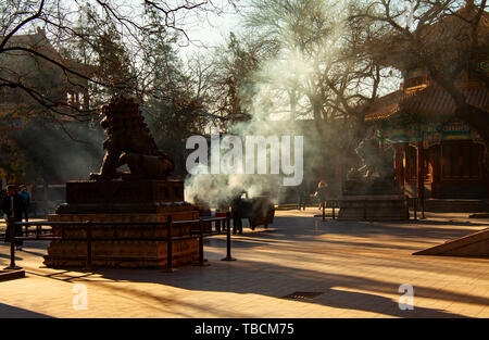 La fumée d'encens visiteurs par le gardien chinois lion statues dans le temple Yonghegong, le Temple des Lamas, à Pékin, en Chine. Banque D'Images