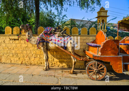 Jaisalmer, Inde - Nov 9, 2017. Taxi de chameaux dans les rues de Jaisalmer, Inde. Jaisalmer est sur la frontière la plus occidentale de l'Inde. Banque D'Images