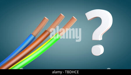 Dénuder les câbles d'alimentation ou alimentation électrique dans les couleurs standard à côté d'un point d'interrogation - 3d illustration Banque D'Images