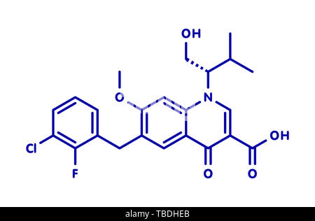 Traitement du VIH d'elvitégravir (médicaments inhibiteurs de l'intégrase) molécule. Formule topologique bleu sur fond blanc. Banque D'Images