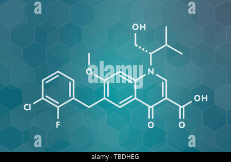 Traitement du VIH d'elvitégravir (médicaments inhibiteurs de l'intégrase) molécule. White formule topologique sur dark teal background avec modèle hexagonal. Banque D'Images