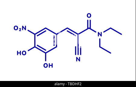 L'entacapone Parkinson molécule pharmaceutique. Formule topologique bleu sur fond blanc. Banque D'Images