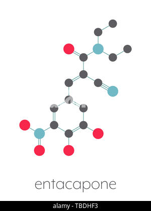 L'entacapone Parkinson molécule pharmaceutique. Formule topologique stylisé (structure chimique). Les atomes sont représentés par des cercles de couleur connecté par des obligations, sur fond blanc : l'hydrogène (caché), carbone (gris), l'azote (bleu), l'oxygène (rouge). Banque D'Images