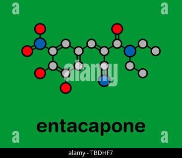 L'entacapone Parkinson molécule pharmaceutique. Formule topologique stylisé (structure chimique). Les atomes sont représentés par des cercles de couleur noire avec une épaisseur de l'Énonce et obligations : l'hydrogène (caché), carbone (gris), l'azote (bleu), l'oxygène (rouge). Banque D'Images