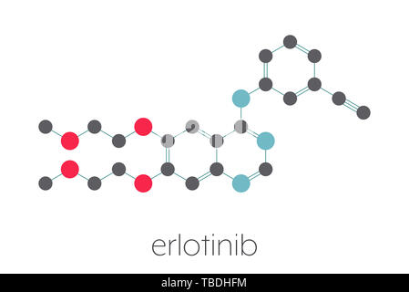 L'erlotinib cancer molécule pharmaceutique. Formule topologique stylisé (structure chimique). Les atomes sont représentés par des cercles de couleur connecté par des obligations, sur fond blanc : l'hydrogène (caché), carbone (gris), l'azote (bleu), l'oxygène (rouge). Banque D'Images